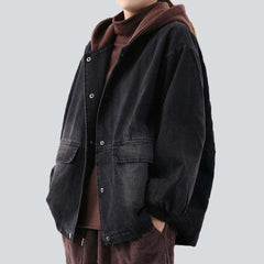 Denim bomber with brown hood