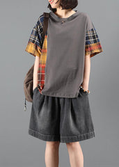 Denim shorts suit loose gray plaid stitching two-piece suit