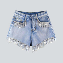 Diamond fringe embellished denim shorts