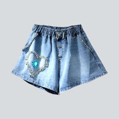 Diamond heart embellished denim shorts