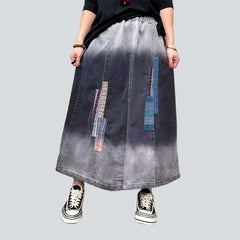 Dip-dyed patched long denim skirt