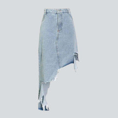 Distressed asymmetric hem denim skirt