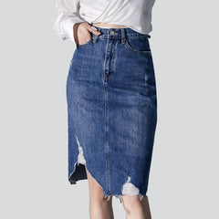 Distressed hem midi jean skirt