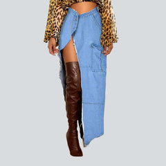 Distressed high slit denim skirt