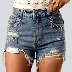 Distressed legs rhinestone denim shorts