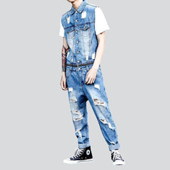 Distressed sleeveless men denim overall