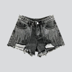 Distressed vertical rhinestone denim shorts