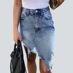 Distressed women asymmetric denim skirt