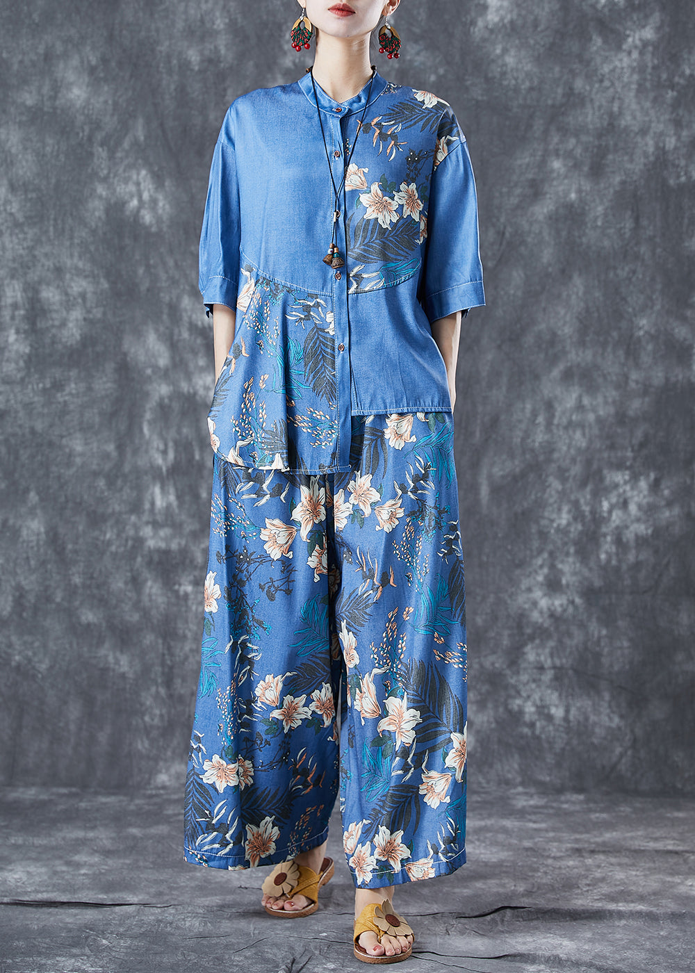 Diy Blue Asymmetrical Print Denim Two-Piece Set