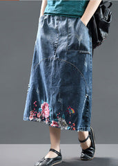 Diy Blue High Waist Embroideried Patchwork Cotton Denim Skirts