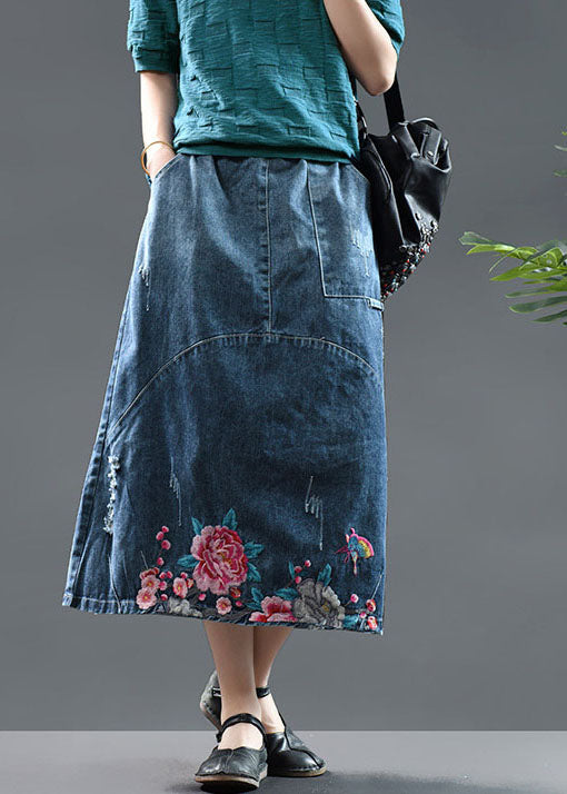 Diy Blue High Waist Embroideried Patchwork Cotton Denim Skirts