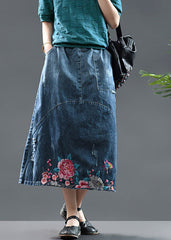 Diy Blue High Waist Embroideried Patchwork Cotton Denim Skirts