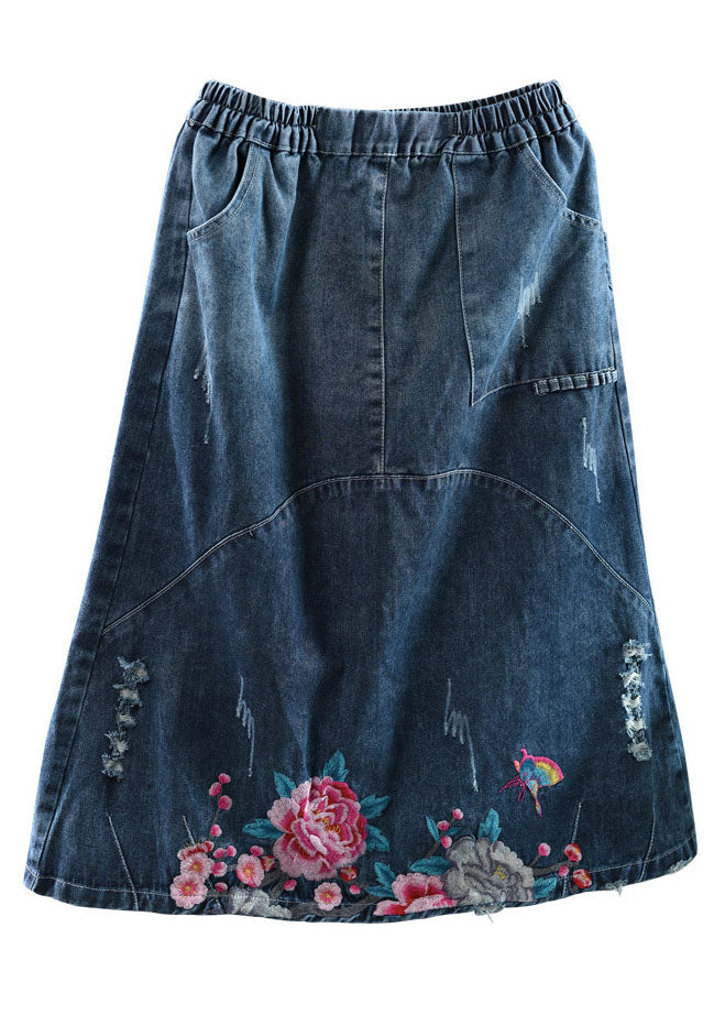 Diy Blue High Waist Embroideried Patchwork Cotton Denim Skirts