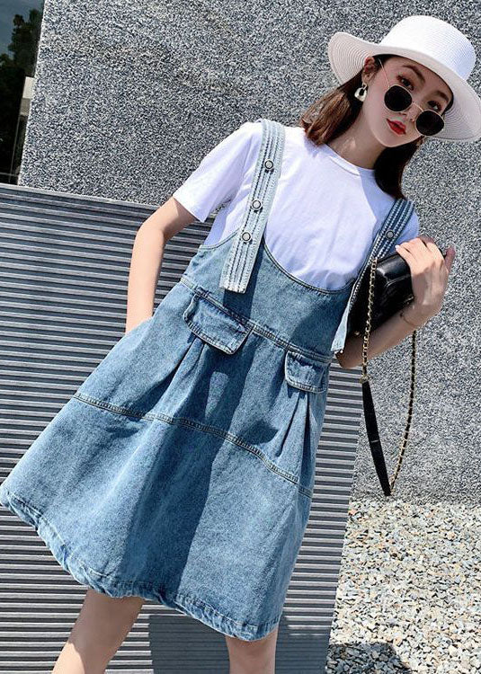 Diy Blue Oversized Patchwork Denim Strap Dress Two Piece Set Clothing
