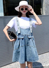 Diy Blue Oversized Patchwork Denim Strap Dress Two Piece Set Clothing