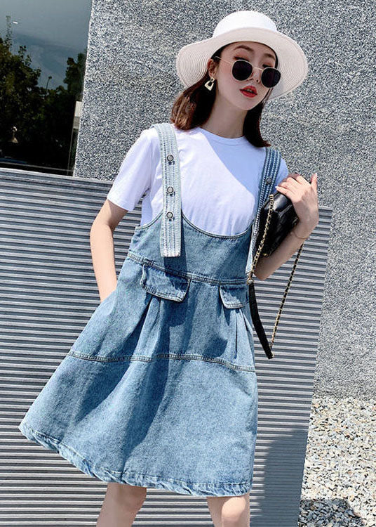 Diy Blue Oversized Patchwork Denim Strap Dress Two Piece Set Clothing