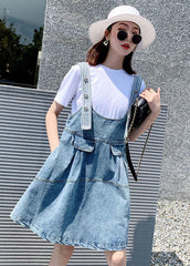 Diy Blue Oversized Patchwork Denim Strap Dress Two Piece Set Clothing