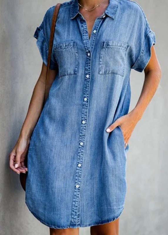 Diy Blue Peter Pan Collar Pockets Denim Shirt Dress