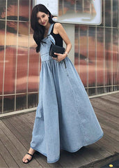 Diy Blue Slash Neck Wrinkled Pockets Denim Dress Sleeveless