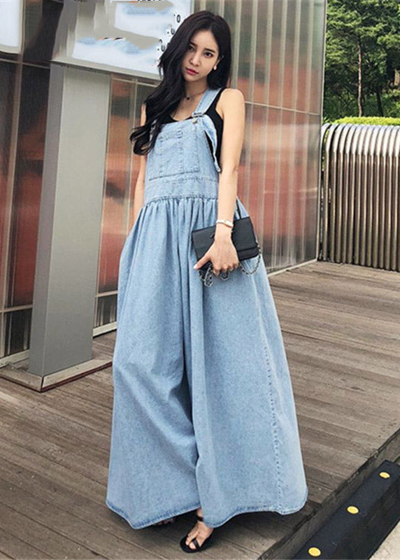 Diy Blue Slash Neck Wrinkled Pockets Denim Dress Sleeveless