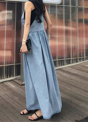 Diy Blue Slash Neck Wrinkled Pockets Denim Dress Sleeveless