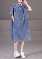 Diy Denim Blue Turn-down Collar Button Pockets Cotton Maxi Dresses Short Sleeve