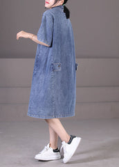 Diy Denim Blue Turn-down Collar Button Pockets Cotton Maxi Dresses Short Sleeve