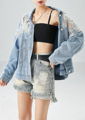 Diy Light Blue Hollow Out Patchwork Zircon Denim Coat Outwear Fall