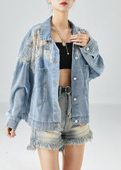 Diy Light Blue Hollow Out Patchwork Zircon Denim Coat Outwear Fall