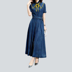 Drawstring neckline long denim dress