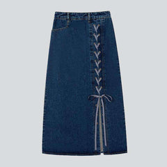 Drawstring slit long denim skirt