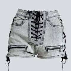 Drawstrings embroidery denim shorts