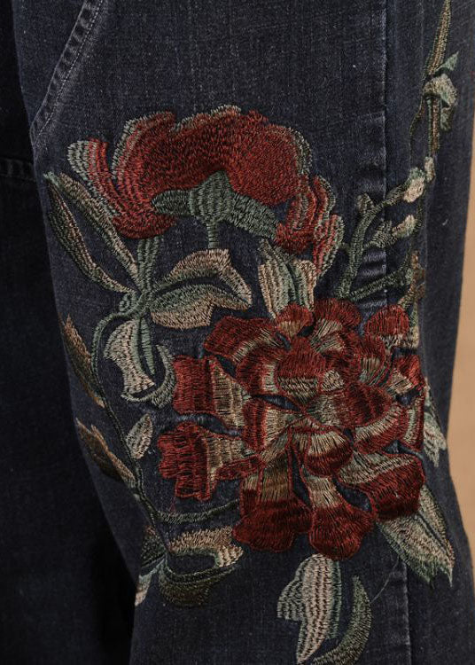 Elegant Black Grey Elastic Waist Embroideried Pockets Cotton Denim Lantern Pants