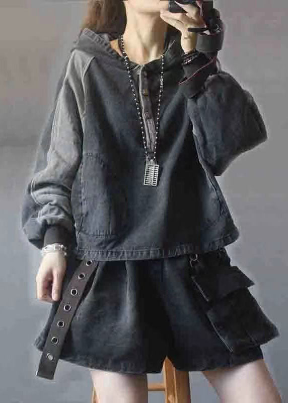 Elegant Black hooded Patchwork Button Fall Denim Pullover Street wear