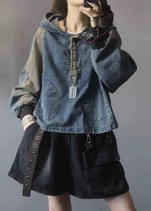 Elegant Black hooded Patchwork Button Fall Denim Pullover Street wear