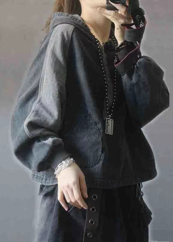 Elegant Black hooded Patchwork Button Fall Denim Pullover Street wear