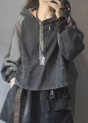 Elegant Black hooded Patchwork Button Fall Denim Pullover Street wear