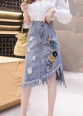 Elegant Blue Asymmetrical Patchwork Tassel Hole Denim Skirts