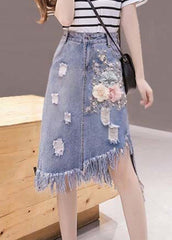 Elegant Blue Asymmetrical Patchwork Tassel Hole Denim Skirts