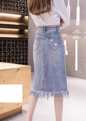 Elegant Blue Asymmetrical Patchwork Tassel Hole Denim Skirts