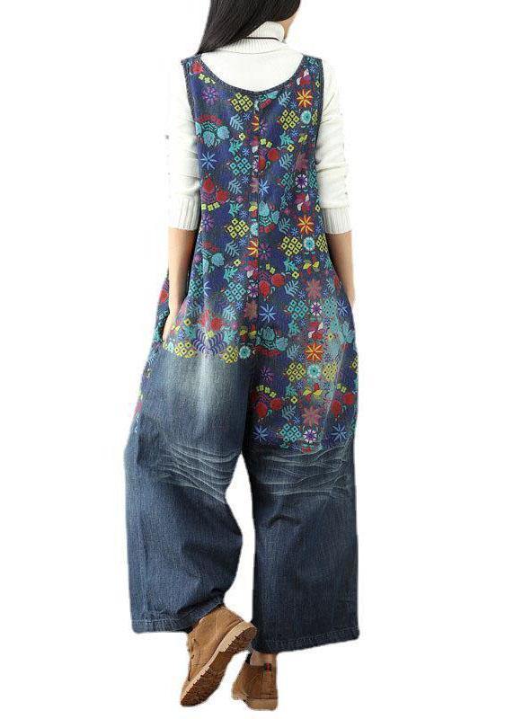 Elegant Blue Casual Print Wide Leg Fall Romper Denim