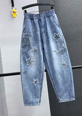 Elegant Blue Embroideried Pockets Elastic Waist Denim Crop Pants