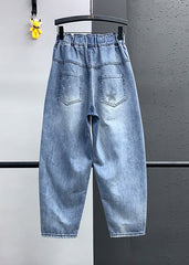 Elegant Blue Embroideried Pockets Elastic Waist Denim Crop Pants