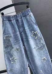 Elegant Blue Embroideried Pockets Elastic Waist Denim Crop Pants