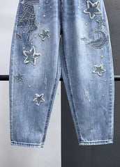 Elegant Blue Embroideried Pockets Elastic Waist Denim Crop Pants