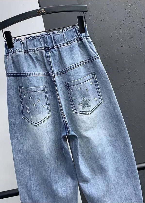 Elegant Blue Embroideried Pockets Elastic Waist Denim Crop Pants