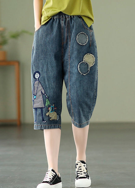 Elegant Blue Embroideried Print Elastic Waist Denim Crop Pants