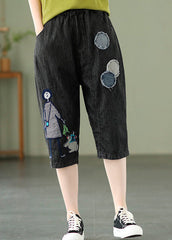 Elegant Blue Embroideried Print Elastic Waist Denim Crop Pants