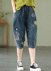 Elegant Blue Embroideried Print Elastic Waist Denim Crop Pants