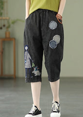 Elegant Blue Embroideried Print Elastic Waist Denim Crop Pants